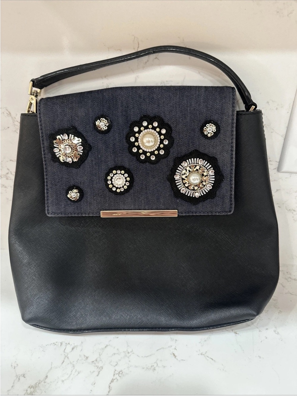 Kate Spade Flap Black & Denim Handbag Purse With Rhinestone Floral Accents READ!